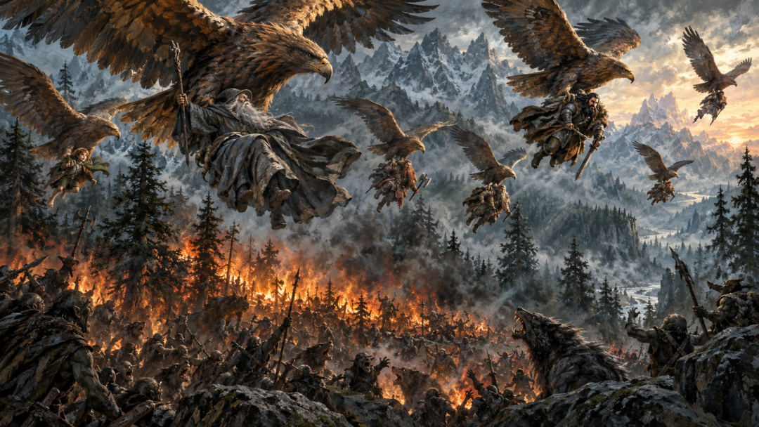 Great Eagles rescue Gandalf, Bilbo, and the dwarves from burning pine trees as Wargs and goblins remain in the clearing below.