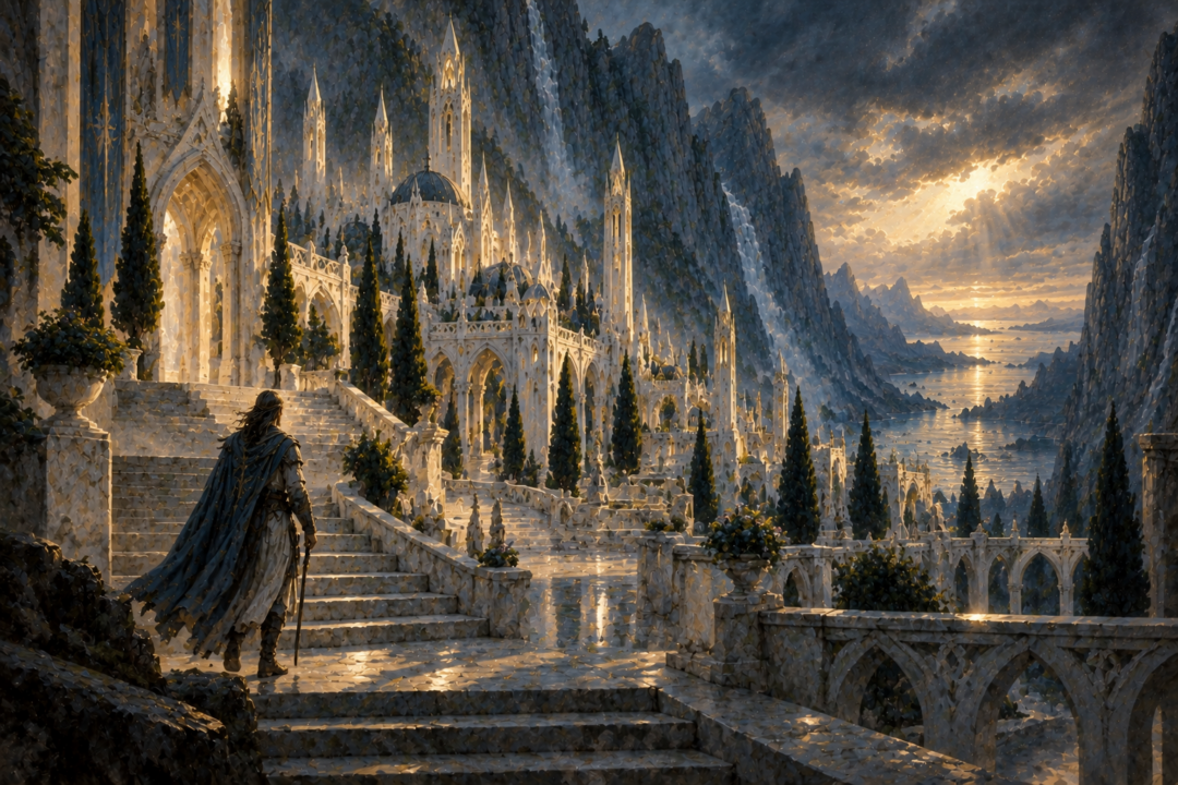 Eärendil walking alone into deserted Tirion upon Túna after reaching Aman
