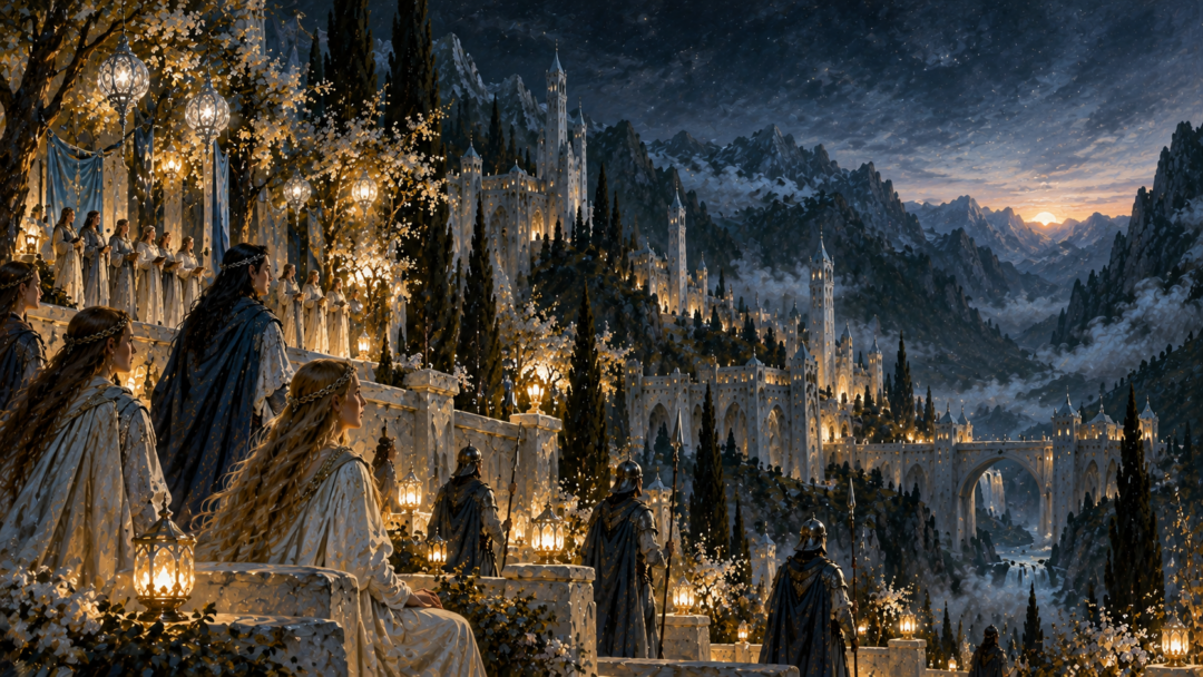 Early-version interpretation of the Gates of Summer with lamps, silent celebrants, and choirs gathered near Gondolin's eastern wall.