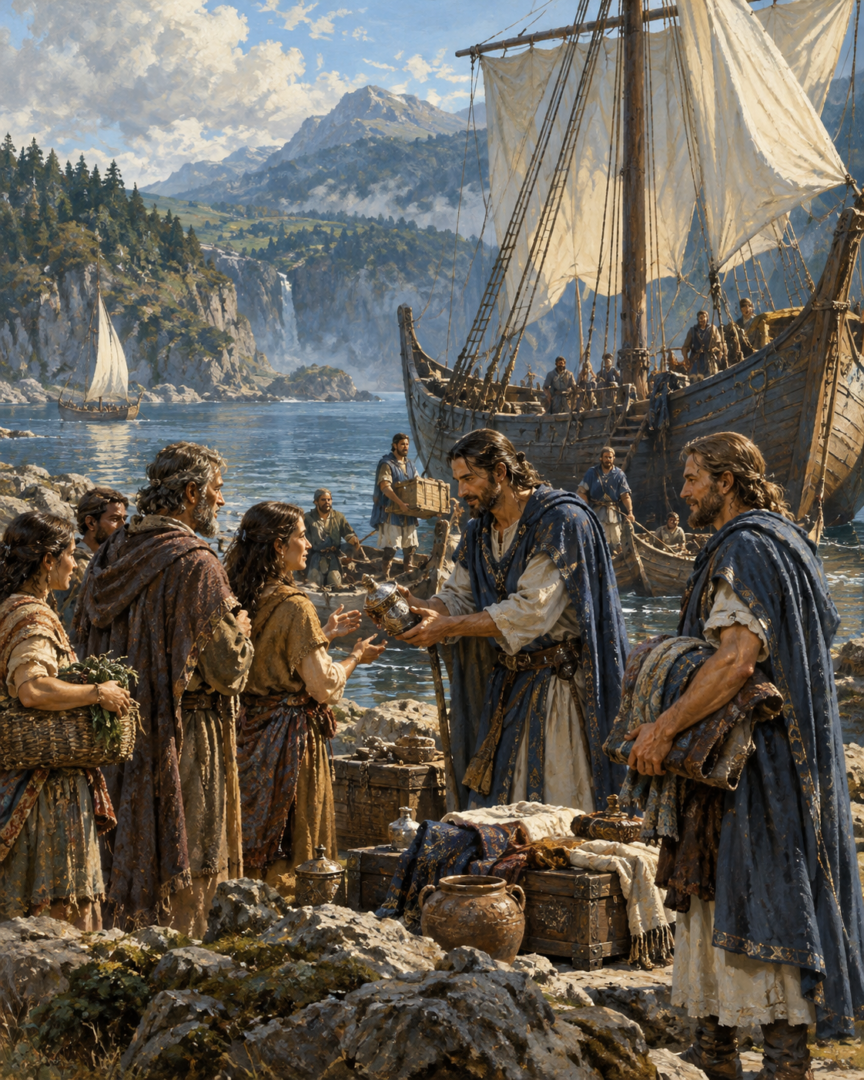 Early Númenórean mariners peacefully meeting the inhabitants of Middle-earth beside a wooden sailing ship in a sheltered coastal harbour.