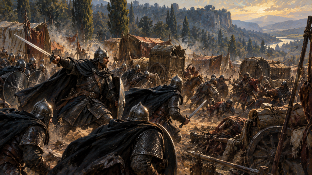 Eärnil leading Gondorian soldiers against the Wainriders' wagon camp in Ithilien during the victory that strengthened his claim to Gondor's throne.
