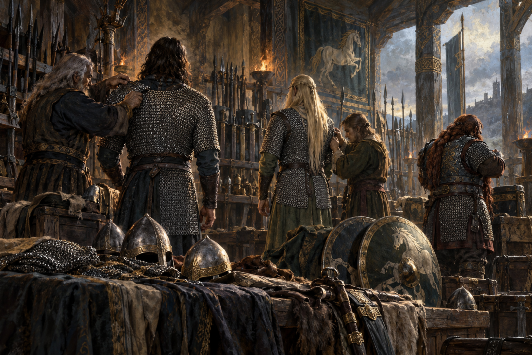 Aragorn and Legolas receive shining mail in Théoden’s armory while Gimli wears his Dwarf-forged corslet.