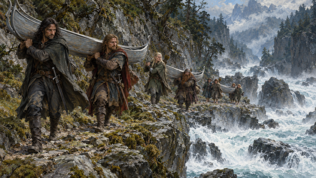 Eight Fellowship companions carrying their three Elven boats along the rocky bank beside the Sarn Gebir rapids.