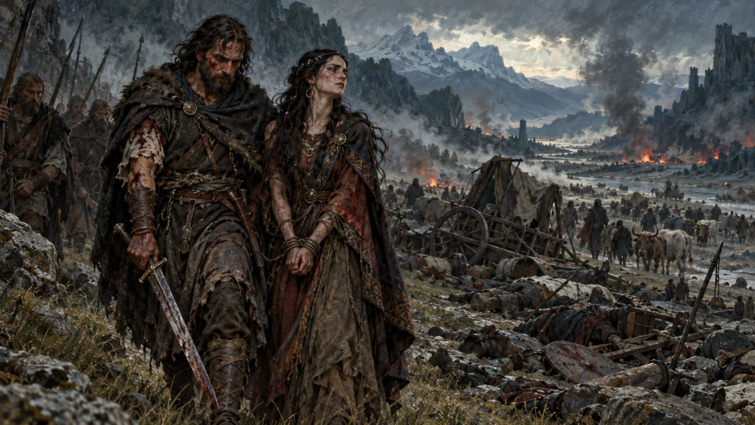 Elmar stands as a captive beside the wounded Buldar after the battle in the valley of Ishmalog.