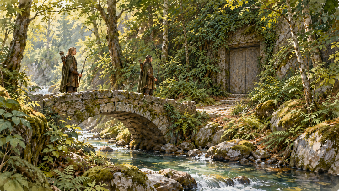 Stone entrance to the Elvenking’s halls beyond a narrow bridge crossing the Forest River in Mirkwood, with Elven guards among the trees.