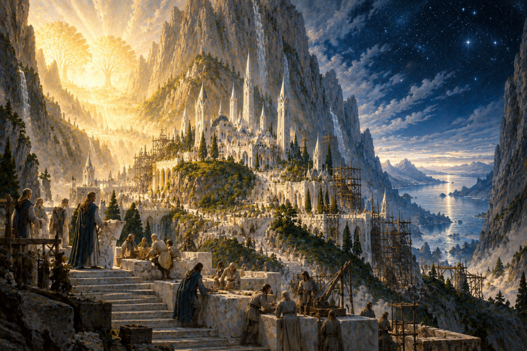 Vanyar and Noldor building the white city of Tirion on the green hill of Túna within the Calacirya
