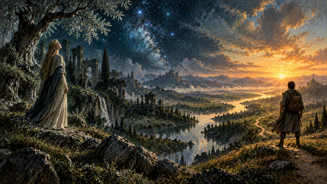 A symbolic contrast between Elven memory and human beginnings, shown through later ruins—not the literal awakenings at Cuiviénen or Hildórien.