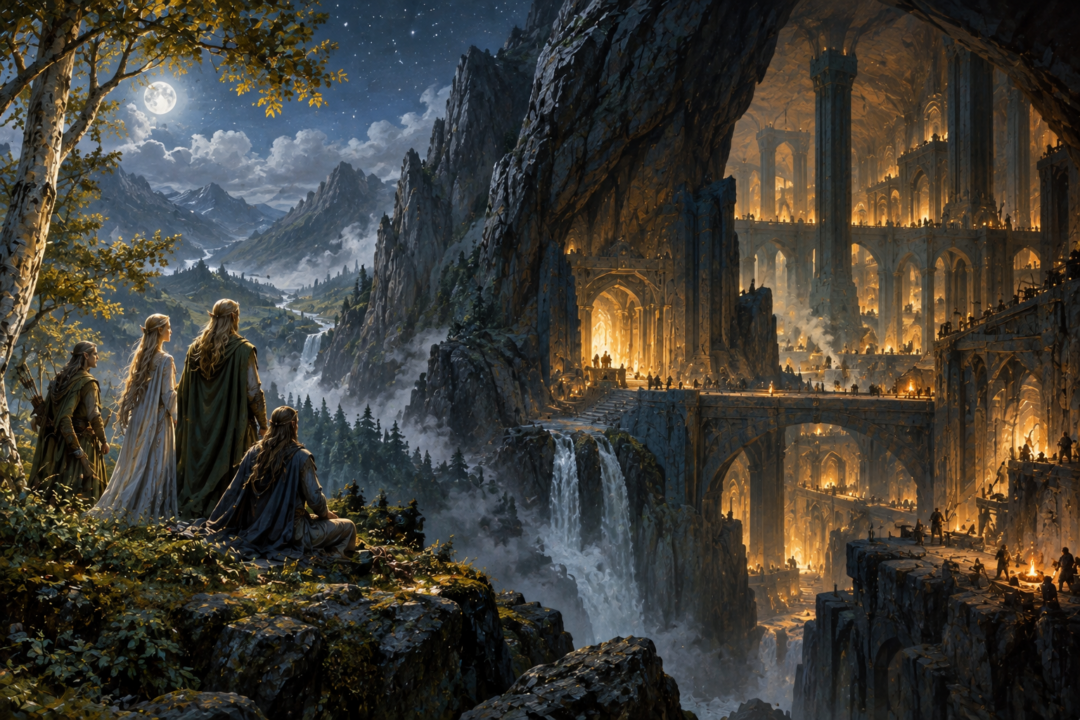 Elves beneath the stars looking toward a mountain entrance while the illuminated Dwarven realm of Khazad-dûm lies within