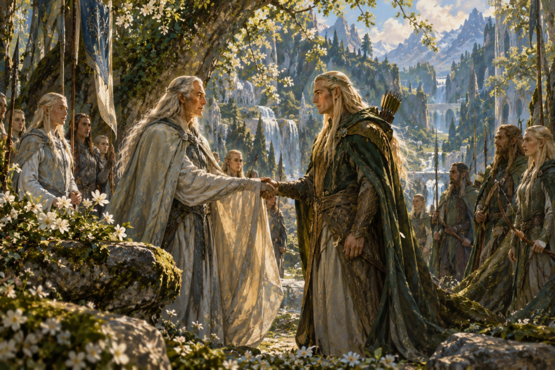 Celeborn and Thranduil meeting beneath spring woodland boughs on the Elvish New Year in 3019