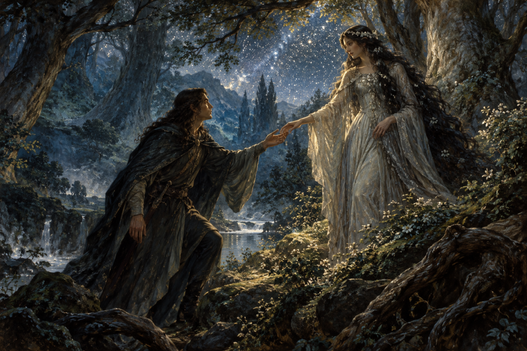 Elwë encounters Melian beneath the ancient trees of Nan Elmoth under the stars.