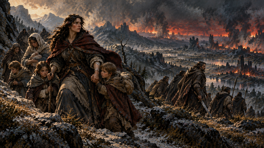 Emeldir leads refugees away from Dorthonion while Barahir and his companions remain behind to continue their resistance.