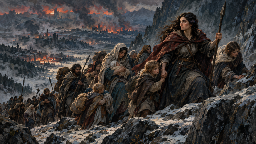 Emeldir leads women and children of the House of Bëor along a dangerous mountain path out of ruined Dorthonion.