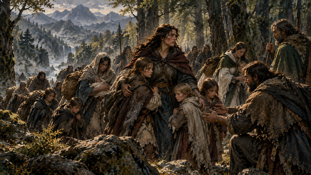 Emeldir and the exhausted refugees of the House of Bëor emerge from the mountains and reach the forest of Brethil.