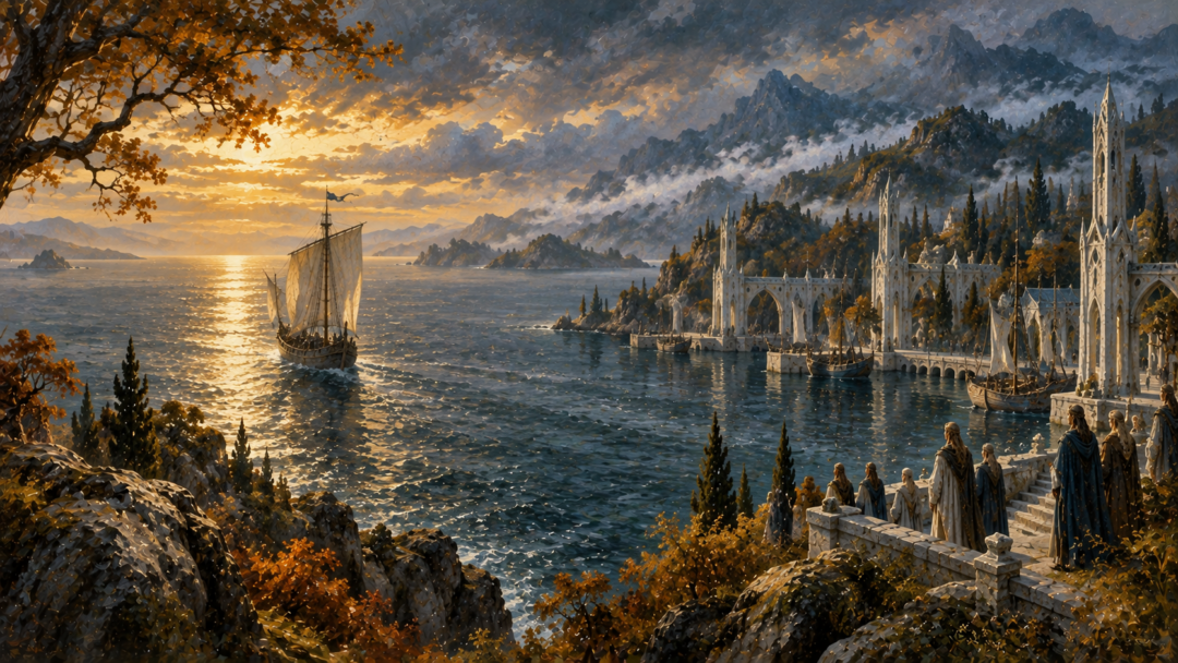 Entulessë sailing westward from the Grey Havens toward Númenor as Elves watch from the autumn shoreline.
