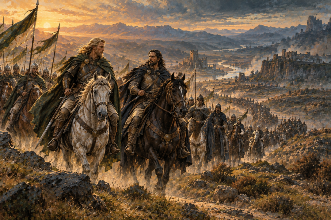 Éomer riding beside Elessar on a later campaign as Rohan continues to honor its alliance with Gondor.