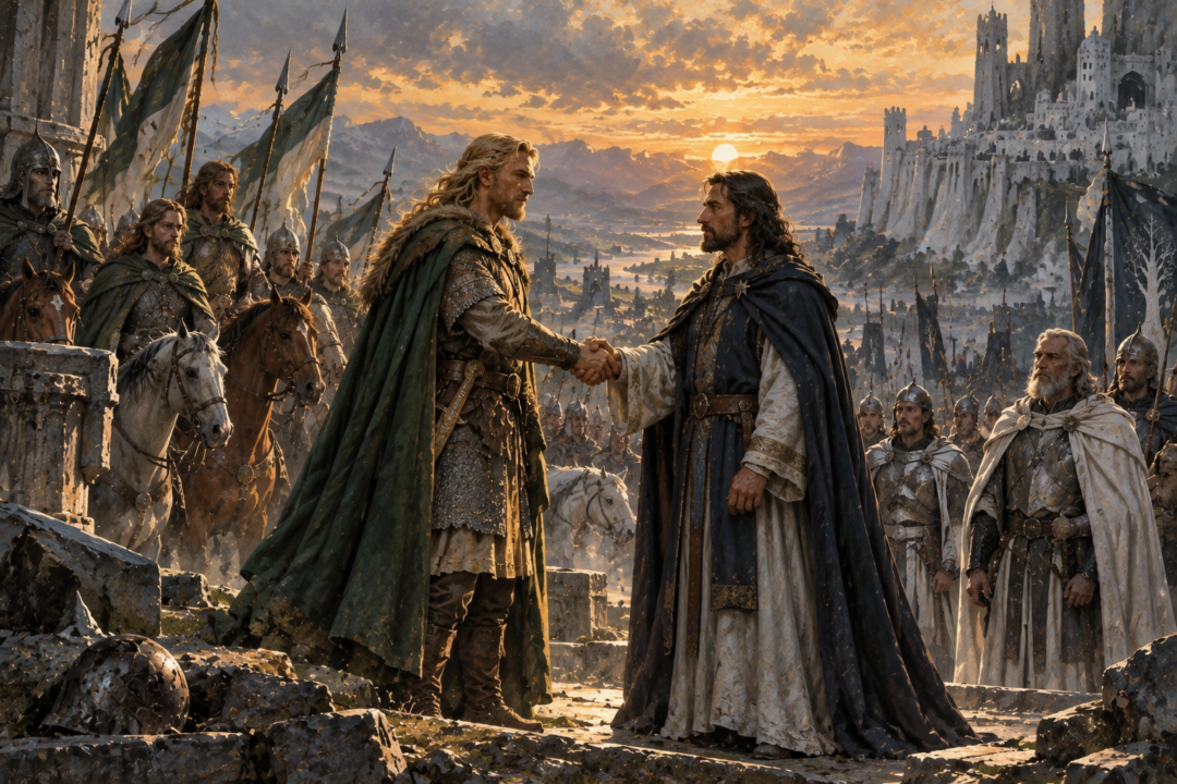 King Éomer and King Elessar renewing the friendship and alliance between Rohan and Gondor after the War of the Ring.