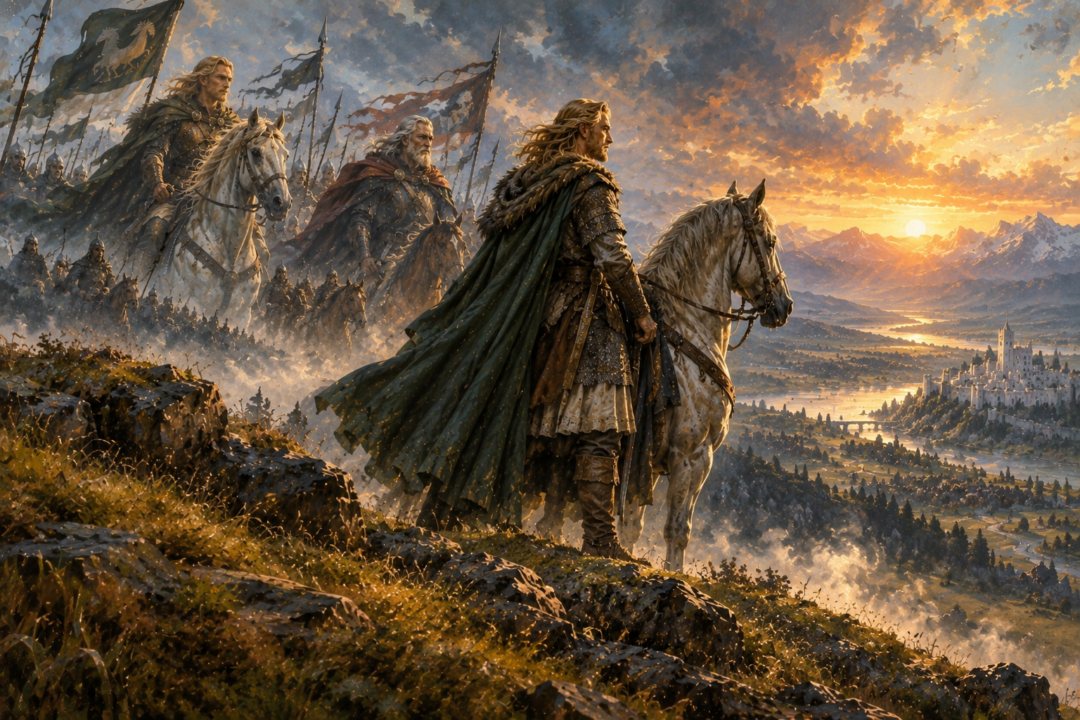 Éomer looking toward Gondor with symbolic echoes of Eorl and Théoden representing generations of loyalty between the two kingdoms.