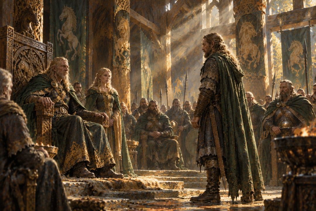 Éomer standing before King Théoden as Rohan’s royal leadership is restored