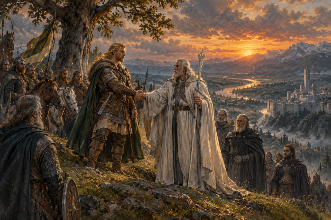 Eorl the Young and Steward Cirion solemnly establishing the ancient alliance between Rohan and Gondor on Amon Anwar.