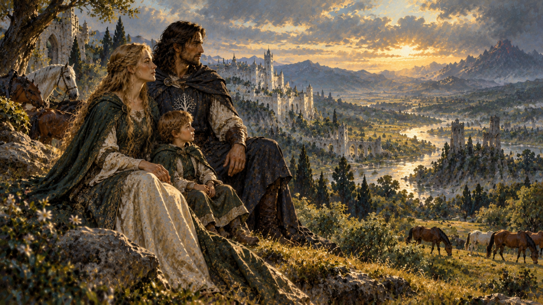 Éowyn, Faramir and Elboron in Ithilien symbolizing the family connection between Rohan and Gondor