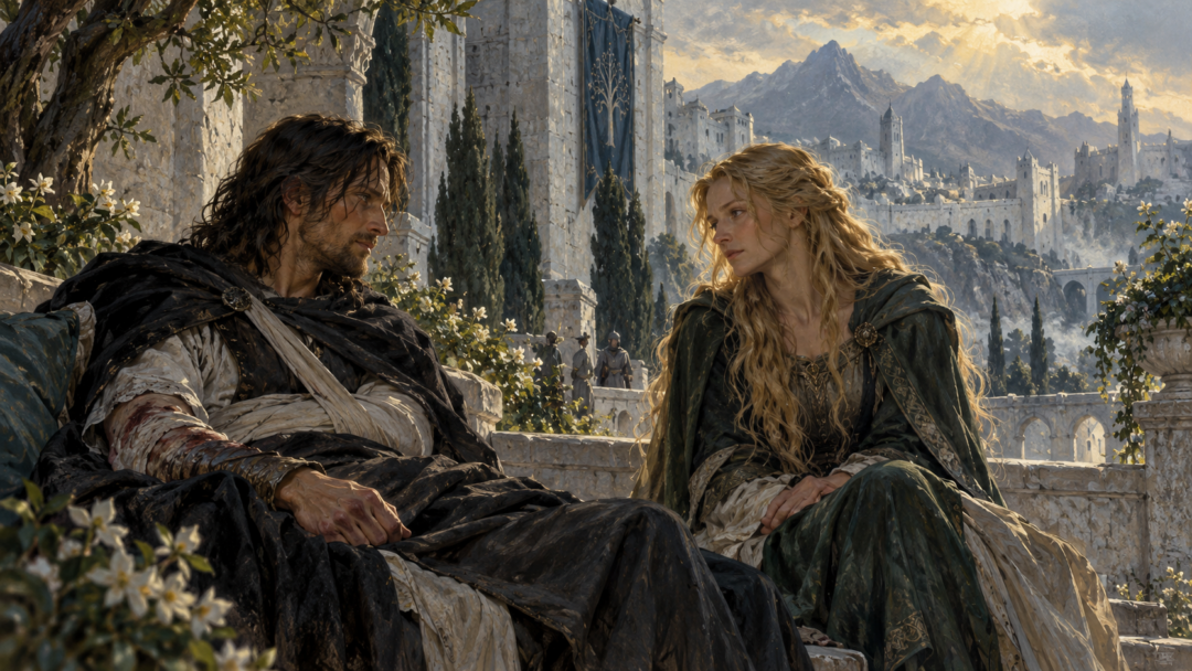 Éowyn and Faramir meeting in the gardens of the Houses of Healing in Minas Tirith after the war