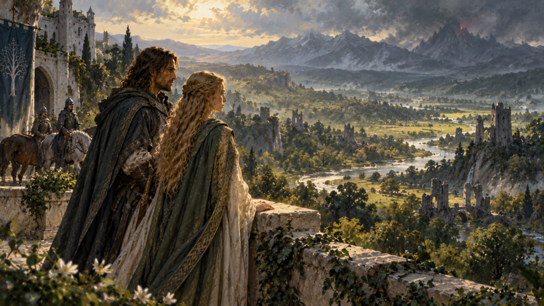 Éowyn and Faramir overlooking the recovering green lands of Ithilien after the War of the Ring