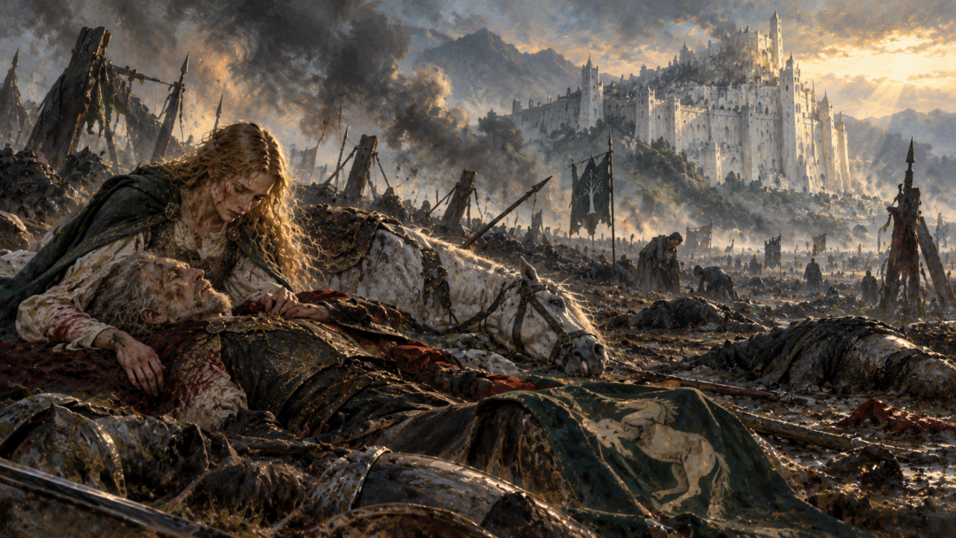 An imagined tableau of Éowyn’s loss on the Pelennor, not a literal sequence from the book: she collapses after defeating the Witch-king, and Merry attends Théoden.