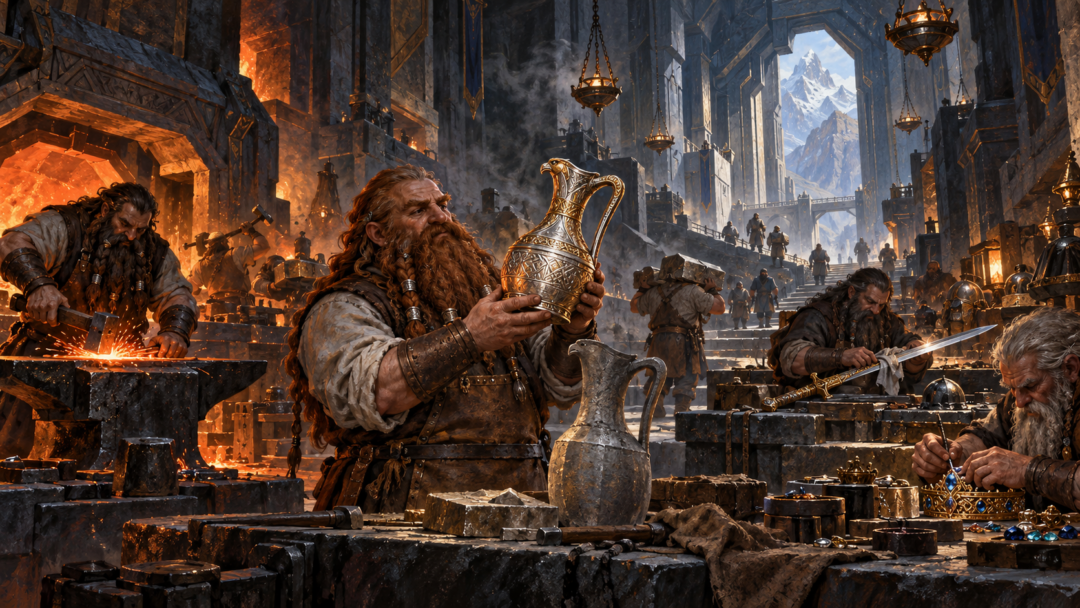 Dwarven craftsmen working with metal and gemstones in an illuminated underground workshop of Erebor.