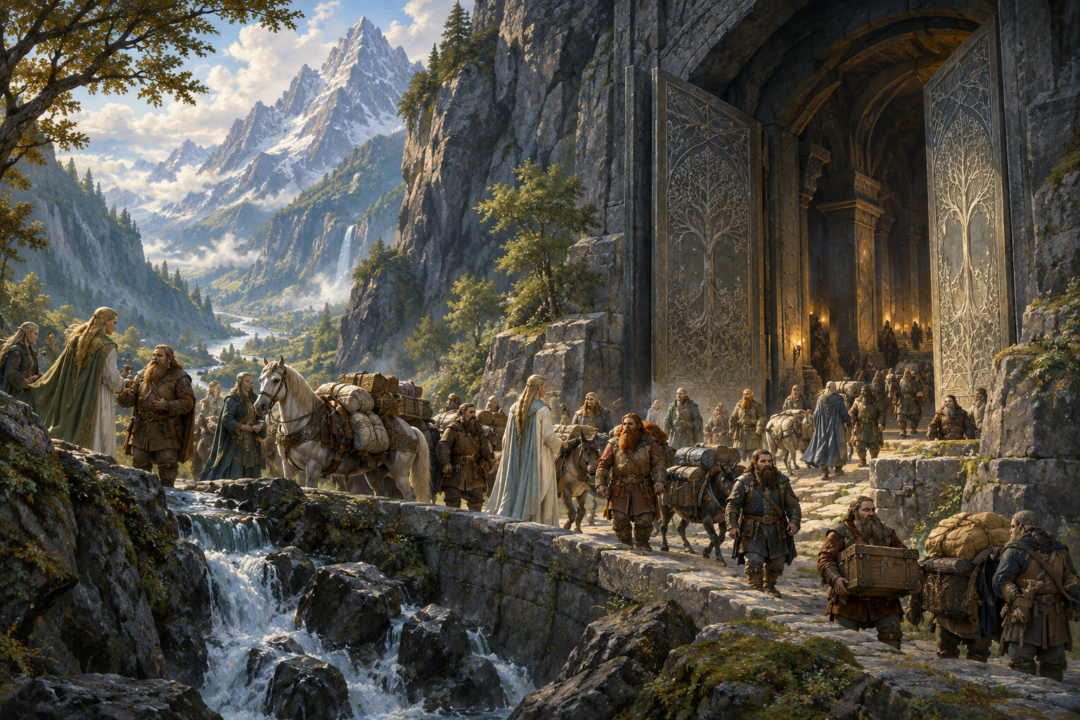 The open West-gate of Khazad-dûm during the Second Age friendship and exchange with neighboring Eregion