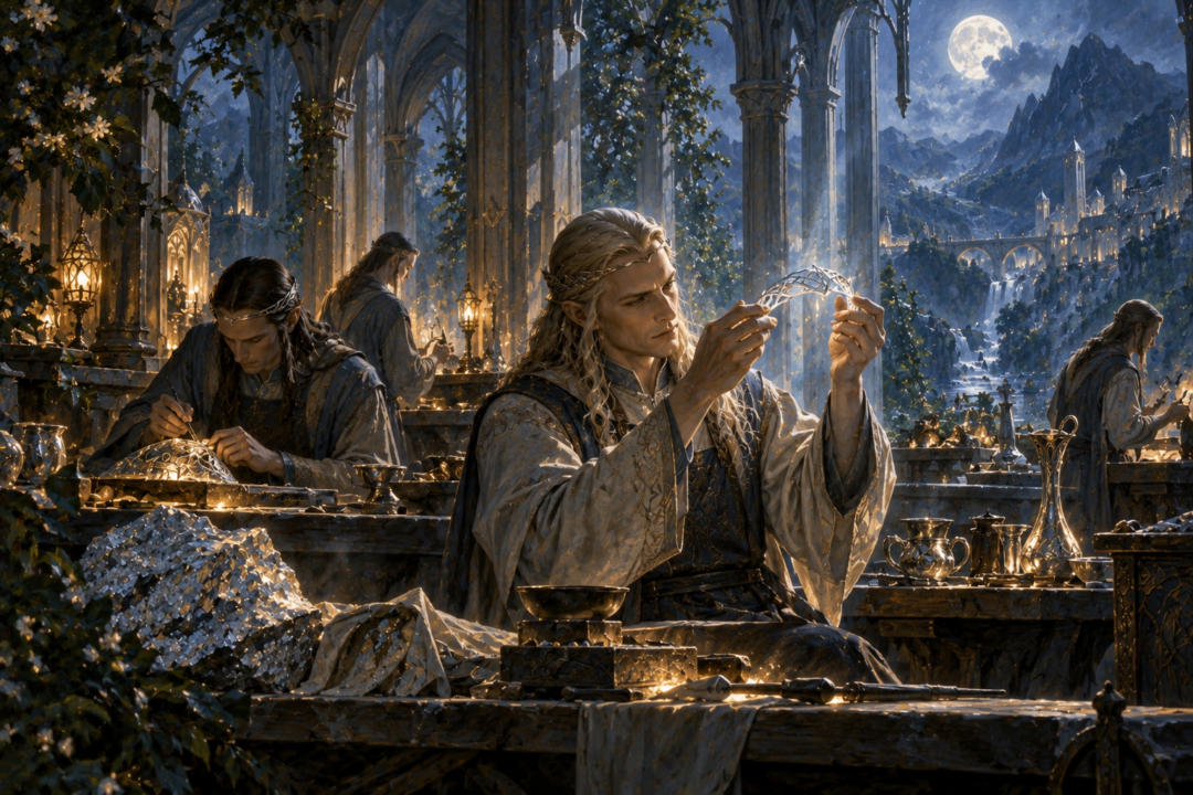 Noldorin smiths working precious metal in a workshop of Second Age Ost-in-Edhil