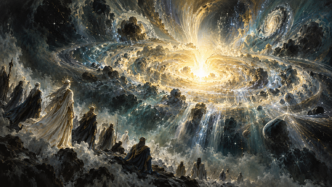 A brilliant living heart of flame illuminates the Void as Eä comes into existence before the astonished Ainur.