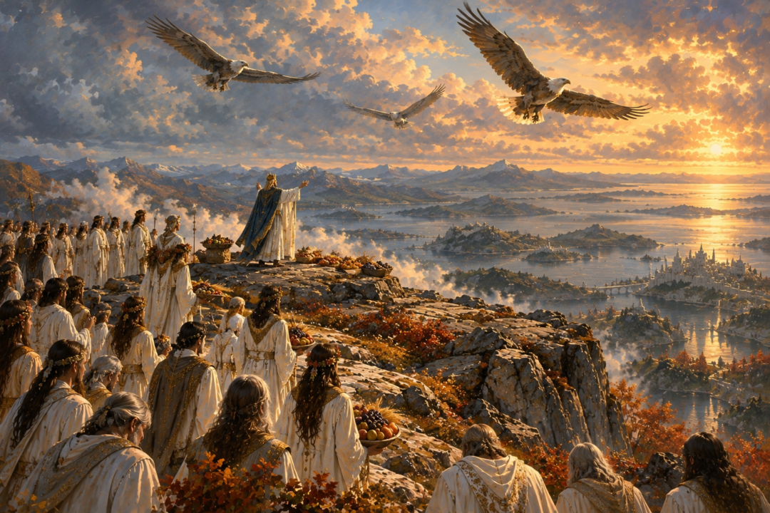 Númenóreans gathered on Meneltarma as their ruler gives thanks to Eru during the autumn Eruhantalë.