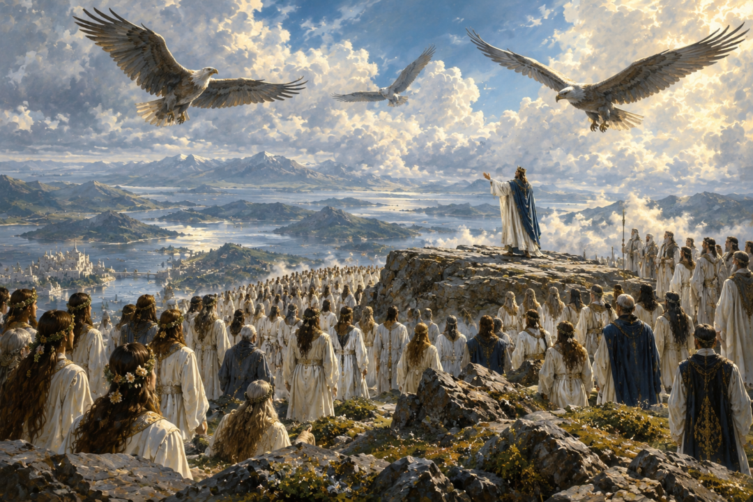 The ruler of Númenor speaking the Erukyermë prayer before a silent gathering on Meneltarma.