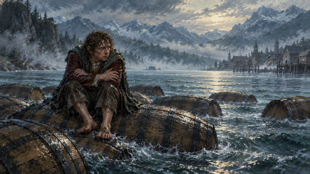 Bilbo sits shivering in wet traveling clothes atop floating barrels near the Long Lake after enduring the cold river journey outside the Dwarves' wooden containers.