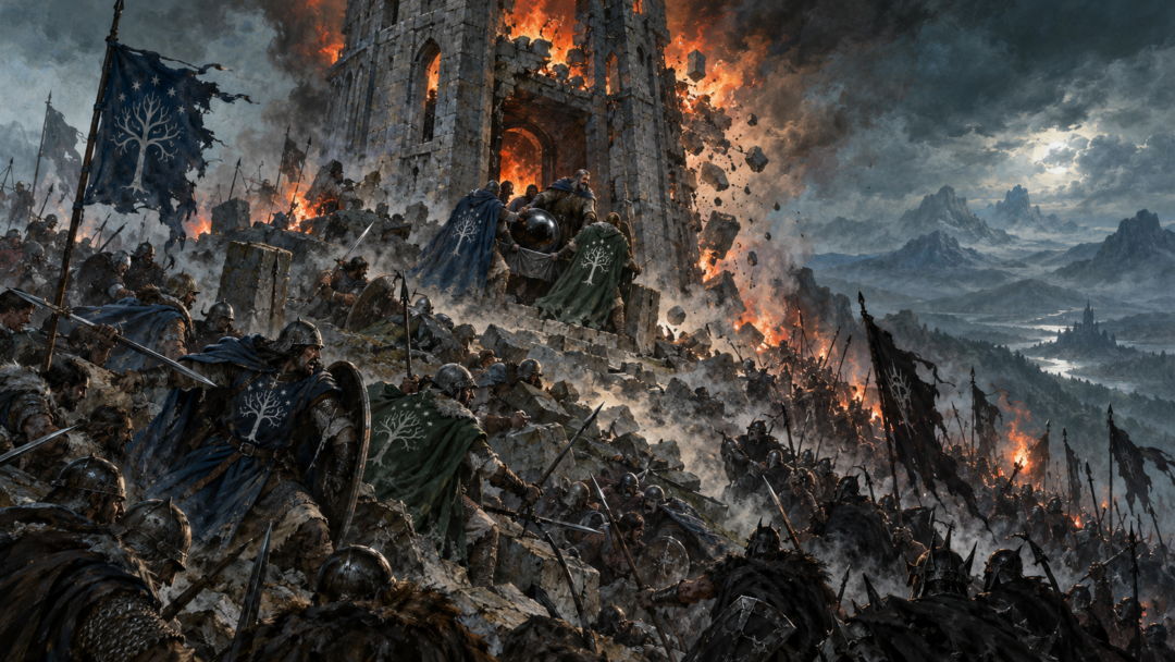 The tower of Amon Sûl burning during Angmar's assault as Dúnedain defenders save the great palantír.