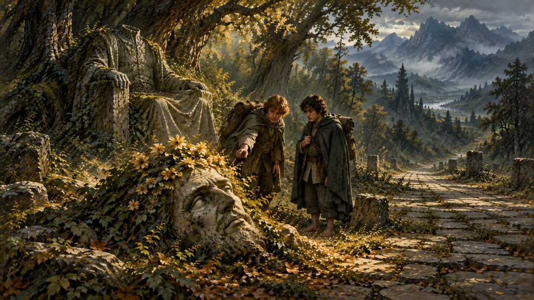 Frodo and Sam discovering the fallen stone head of a Gondorian king crowned with golden flowers beside the Ithilien Cross-roads.