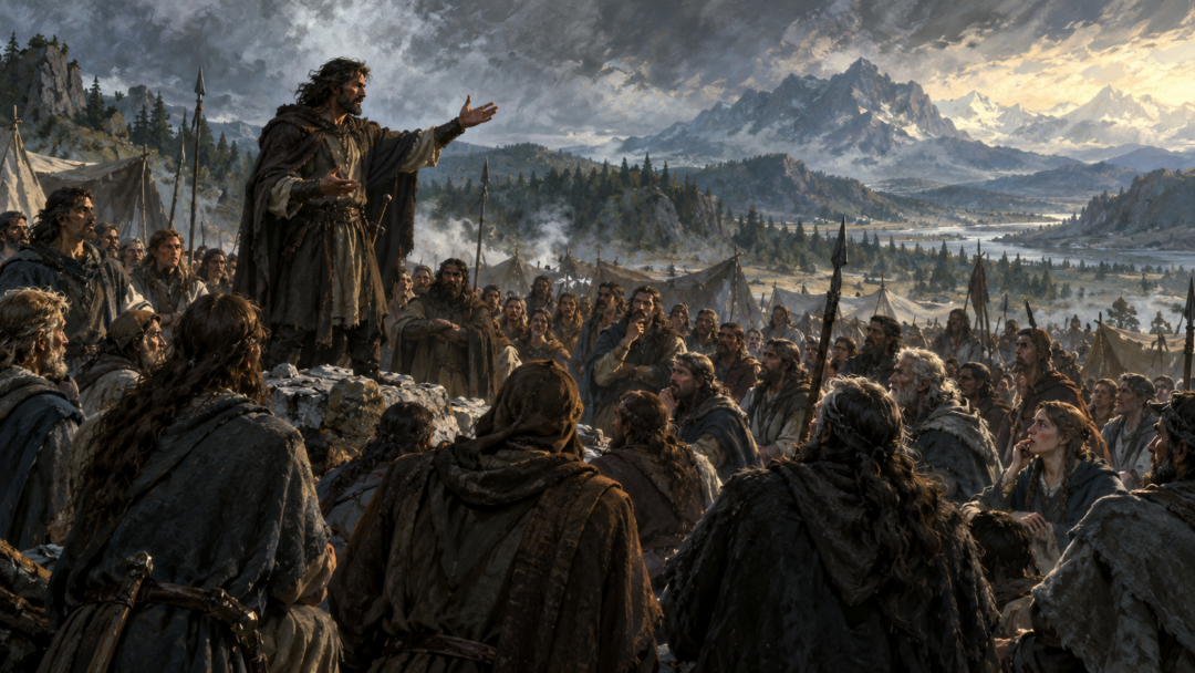 A figure appearing to be Amlach addresses the gathered Edain during the council at Estolad.