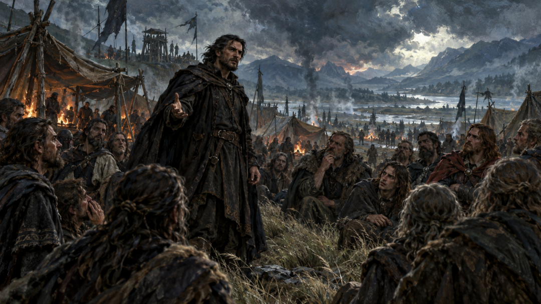 A figure appearing to be Amlach speaks before a troubled gathering of Men during the council at Estolad.