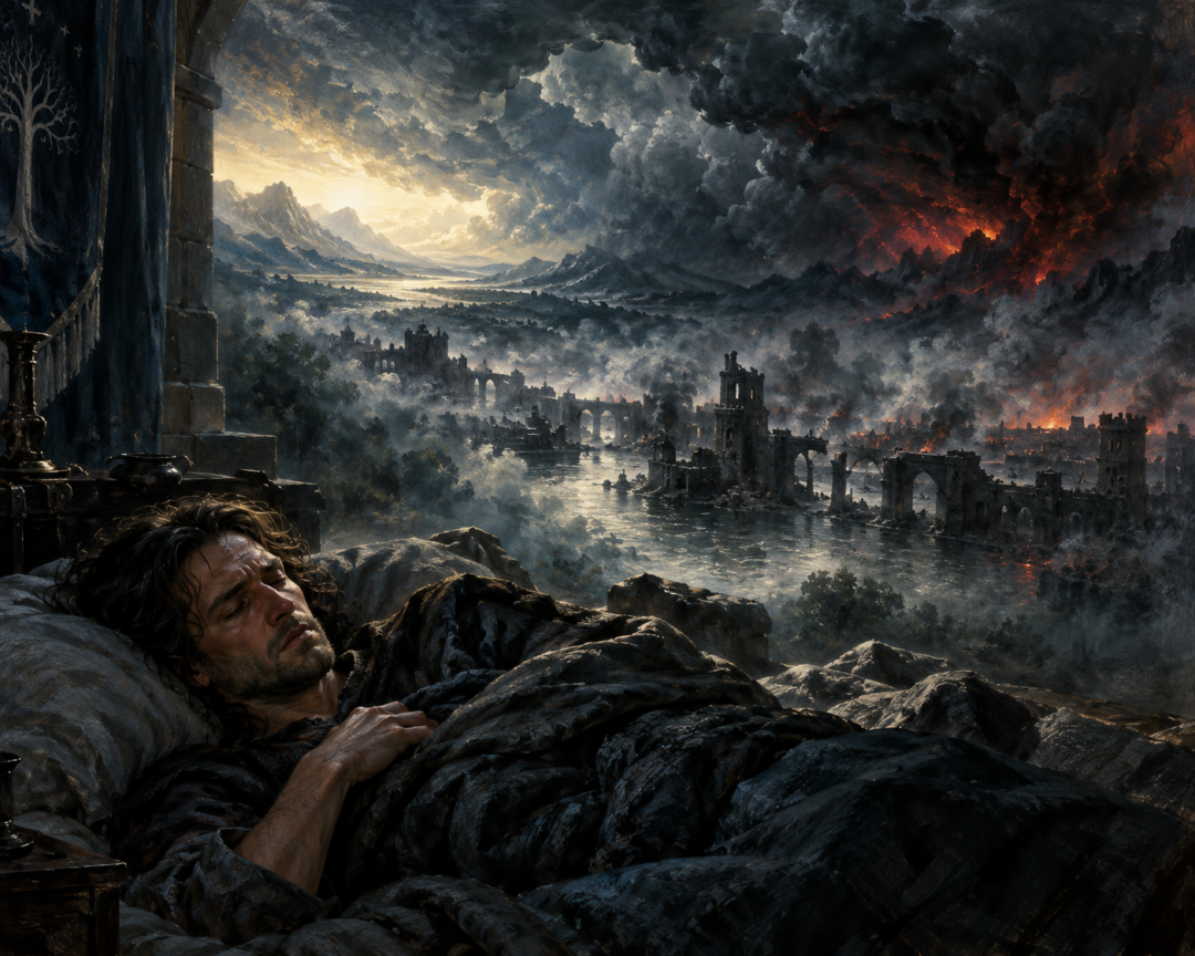 Faramir experiences a mysterious dream as storm clouds gather in the East and pale light remains in the West.