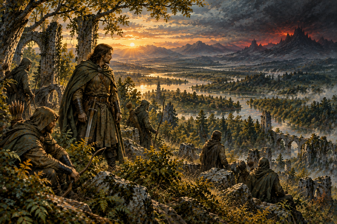 Faramir and his Rangers overlooking the war-scarred forests and ruins of Ithilien at sunset.