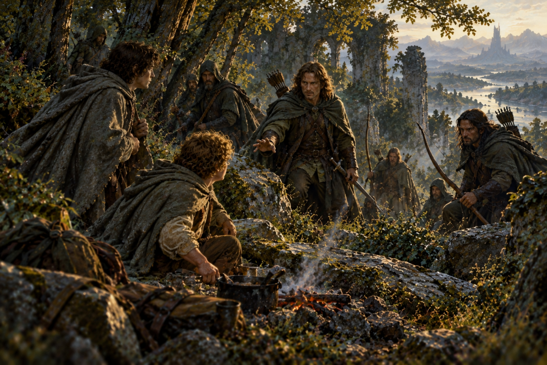 Faramir's Rangers emerge from the woodland around Frodo and Sam near their camp in Ithilien.