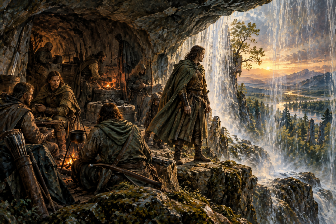 Faramir and the Rangers of Ithilien gathered inside their hidden refuge at Henneth Annûn.