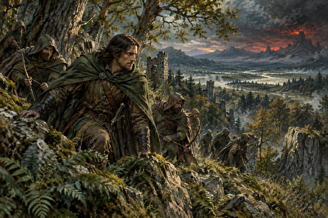 Faramir leading Rangers of Ithilien silently through the wooded hills near Mordor.