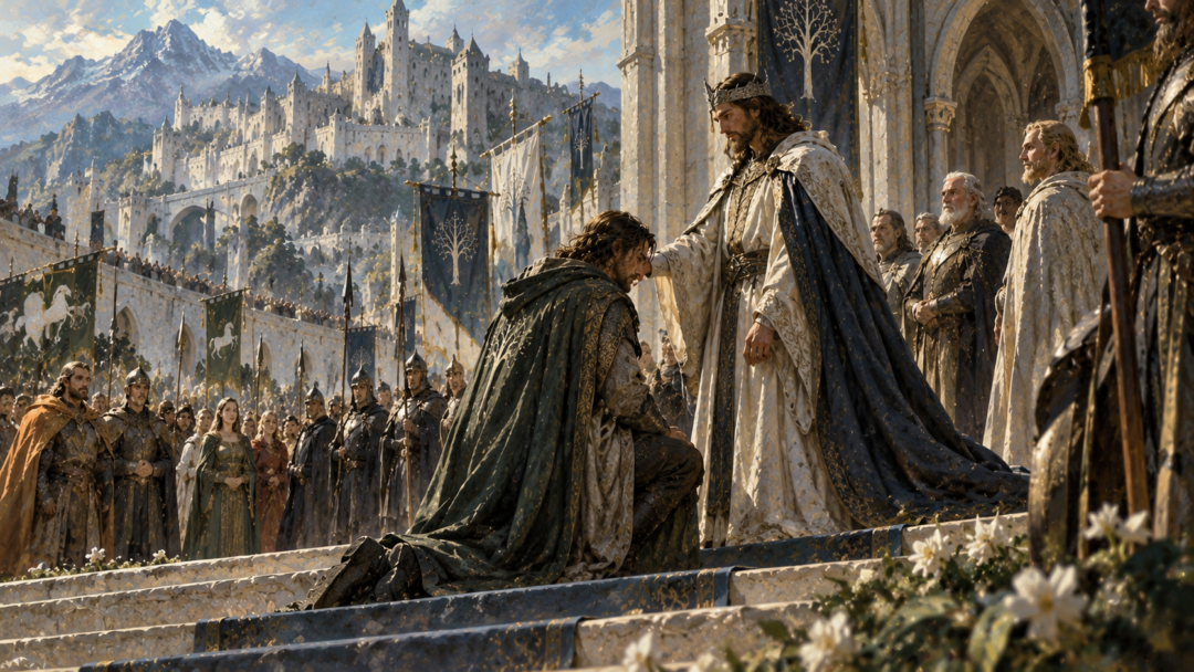 Faramir standing before King Elessar at the coronation outside Minas Tirith