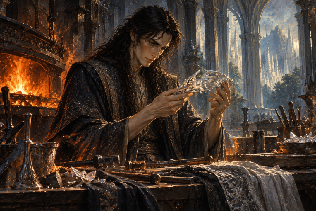 Fëanor working beside a glowing forge in Aman, with silver embroidery symbolizing the enduring influence of his mother Míriel.