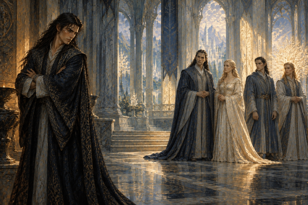 Fëanor standing apart from Finwë, Indis, Fingolfin and Finarfin in the royal halls of Tirion.