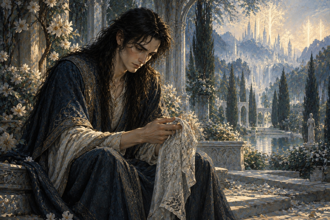 Young Fëanor standing alone in a misty garden of Valinor with delicate embroidery symbolizing the memory of his mother Míriel.