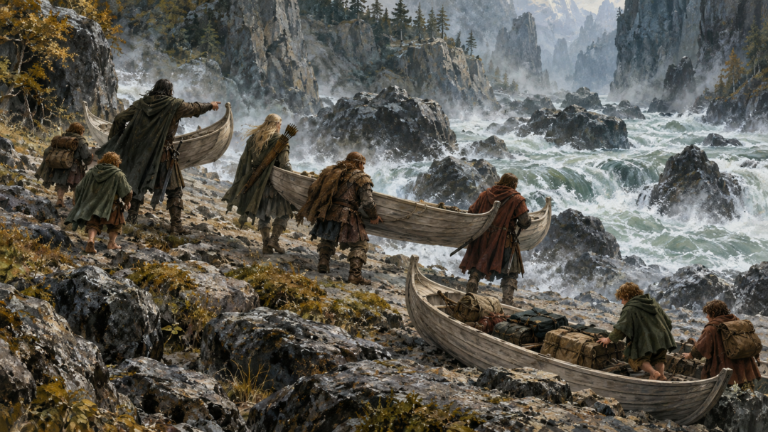 The Fellowship carrying three light Elven boats and their baggage around the dangerous rapids of Sarn Gebir.