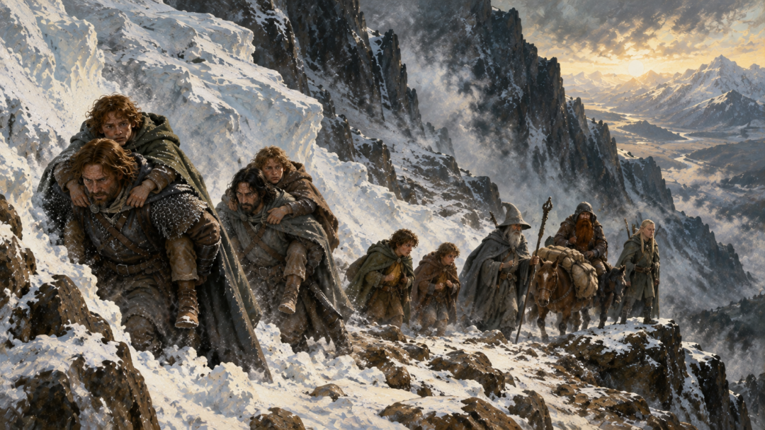 The Fellowship descends from Caradhras as Aragorn and Boromir help the hobbits through a cleared snow passage and Gandalf leads the pack pony.