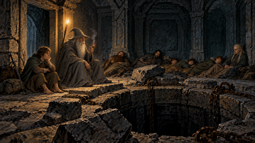 Pippin keeps watch beside Gandalf while the Fellowship sleeps against the walls of Moria's ancient guardroom.